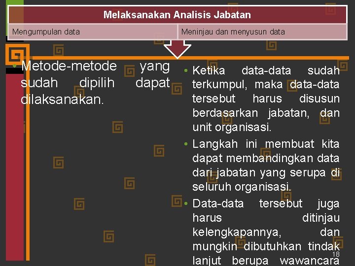 Melaksanakan Analisis Jabatan Mengumpulan data • Metode-metode sudah dipilih dilaksanakan. Meninjau dan menyusun data