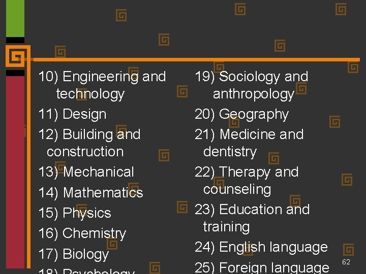 10) Engineering and technology 11) Design 12) Building and construction 13) Mechanical 14) Mathematics