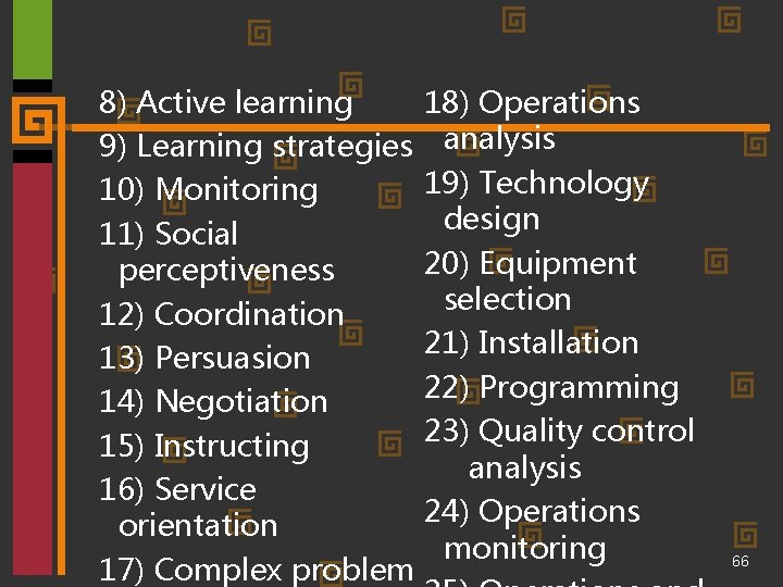 8) Active learning 18) Operations 9) Learning strategies analysis 19) Technology 10) Monitoring design