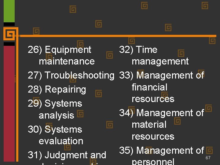 26) Equipment maintenance 27) Troubleshooting 28) Repairing 29) Systems analysis 30) Systems evaluation 31)