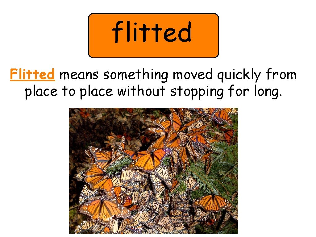 flitted Flitted means something moved quickly from place to place without stopping for long.