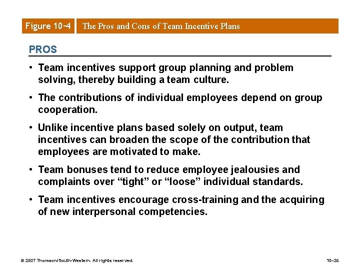 Figure 10– 4 The Pros and Cons of Team Incentive Plans PROS • Team