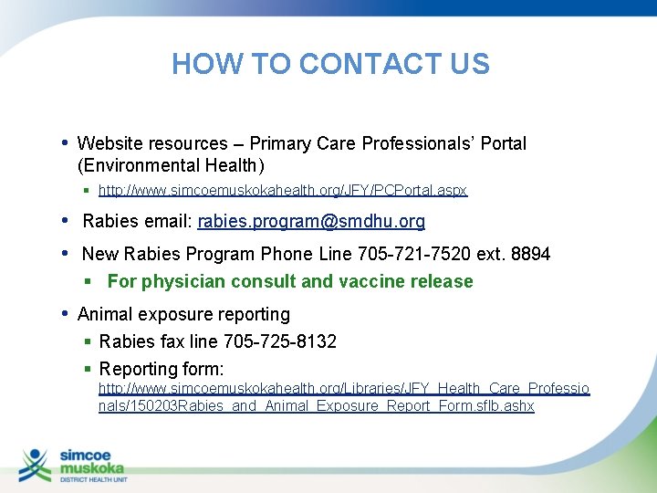 HOW TO CONTACT US • Website resources – Primary Care Professionals’ Portal (Environmental Health)