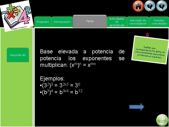 Propósito Introducción Tema Actividades de aprendizaje Segunda ley Base elevada a potencia de potencia