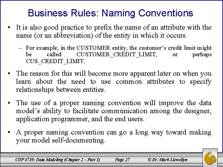 Business Rules: Naming Conventions • It is also good practice to prefix the name
