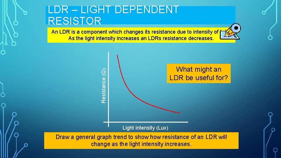 LDR – LIGHT DEPENDENT RESISTOR An LDR is a component which changes its resistance