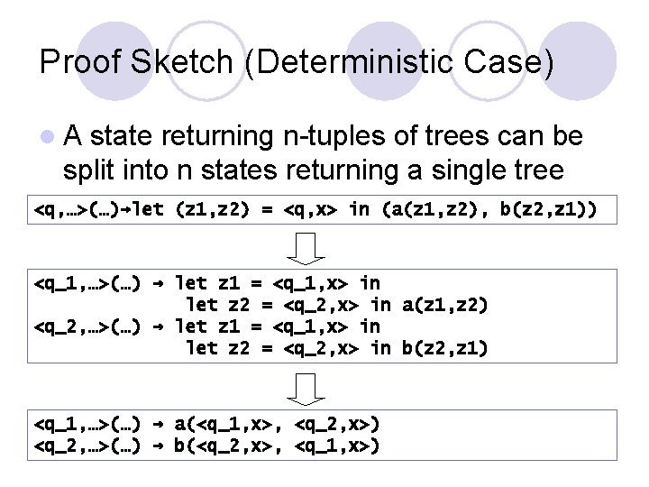 Proof Sketch (Deterministic Case) l. A state returning n-tuples of trees can be split