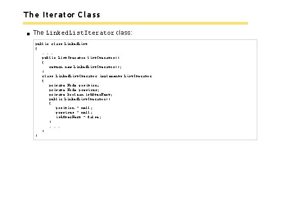 The Iterator Class The Linked. List. Iterator class: public class Linked. List {. .