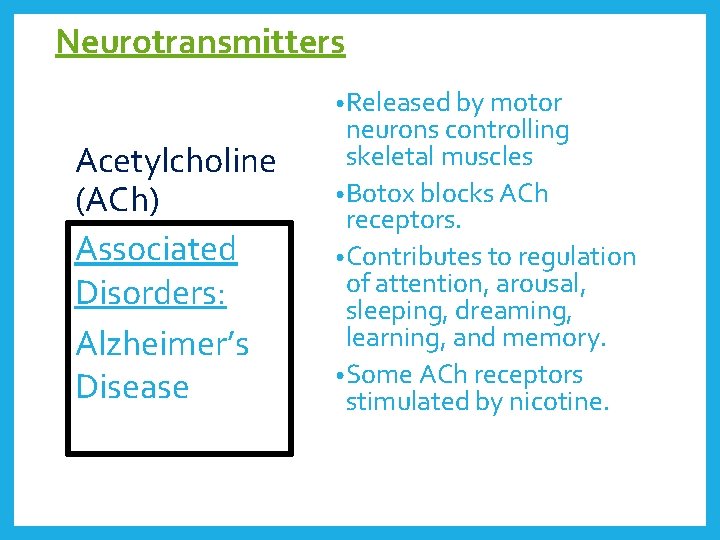 Neurotransmitters • Released by motor Acetylcholine (ACh) Associated Disorders: Alzheimer’s Disease neurons controlling skeletal