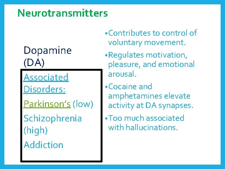 Neurotransmitters • Contributes to control of Dopamine (DA) Associated Disorders: Parkinson’s (low) Schizophrenia (high)