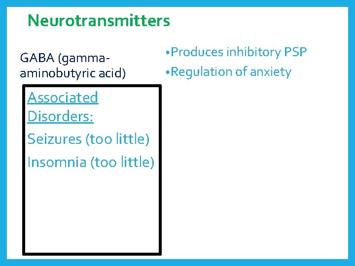 Neurotransmitters GABA (gammaaminobutyric acid) Associated Disorders: Seizures (too little) Insomnia (too little) • Produces