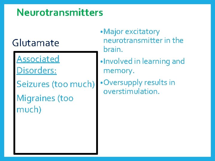 Neurotransmitters • Major excitatory neurotransmitter in the brain. Associated • Involved in learning and