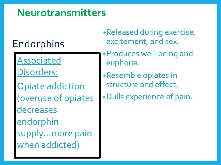 Neurotransmitters Endorphins Associated Disorders: Opiate addiction (overuse of opiates decreases endorphin supply…more pain when