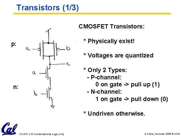 Transistors (1/3) CMOSFET Transistors: * Physically exist! p: * Voltages are quantized * Only