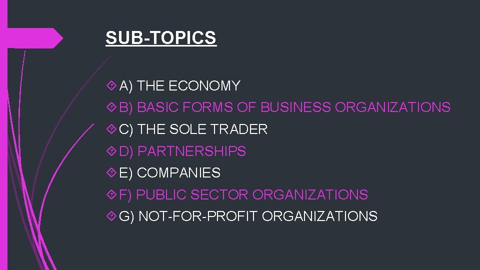 SUB-TOPICS A) THE ECONOMY B) BASIC FORMS OF BUSINESS ORGANIZATIONS C) THE SOLE TRADER