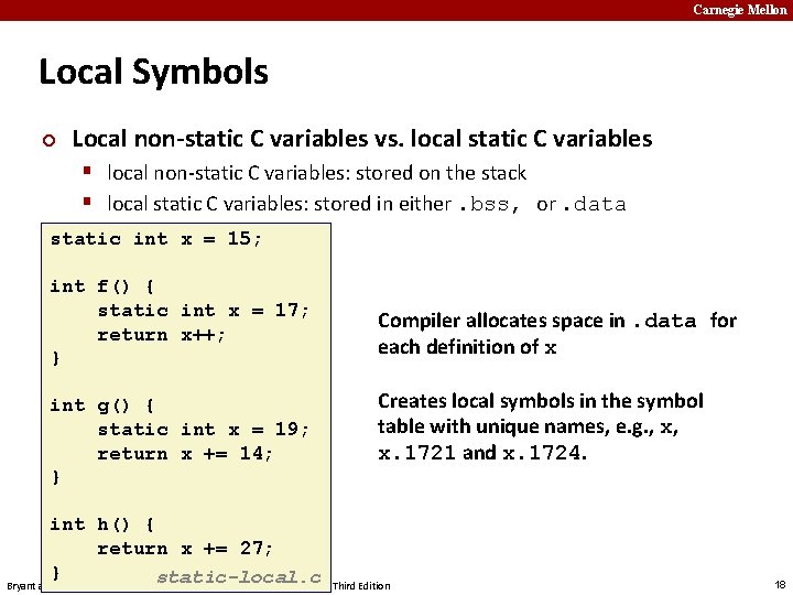 Carnegie Mellon Local Symbols ¢ Local non-static C variables vs. local static C variables