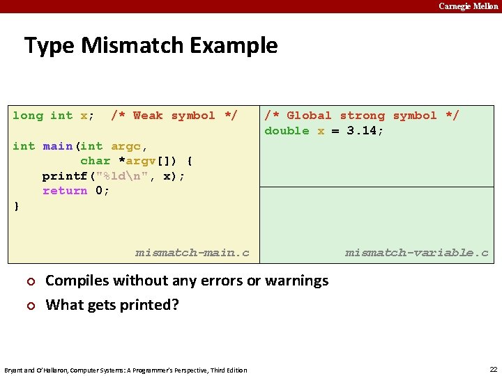 Carnegie Mellon Type Mismatch Example long int x; /* Weak symbol */ int main(int