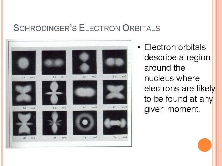SCHRÖDINGER’S ELECTRON ORBITALS • Electron orbitals describe a region around the nucleus where electrons