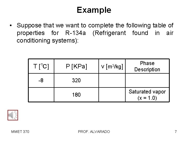 Example • Suppose that we want to complete the following table of properties for
