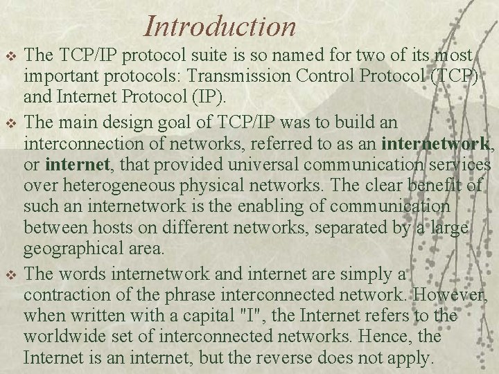 Introduction v v v The TCP/IP protocol suite is so named for two of