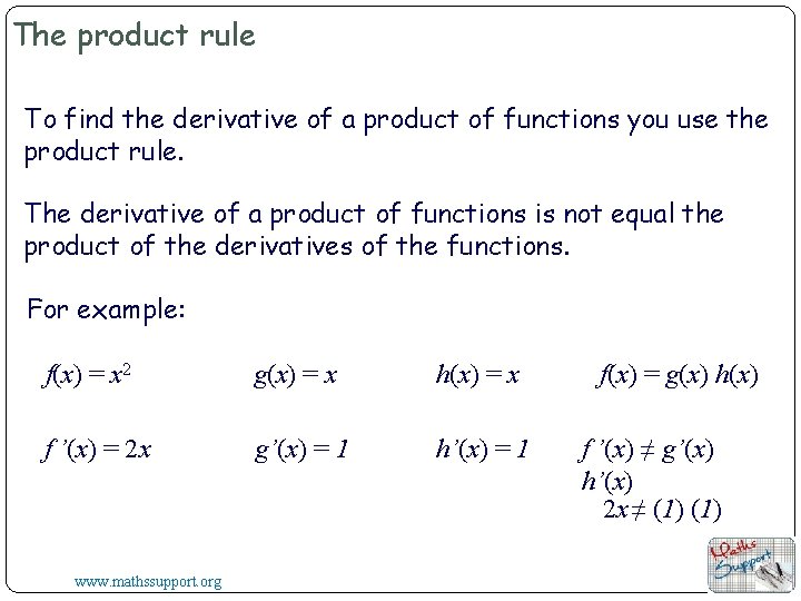 The product rule To find the derivative of a product of functions you use