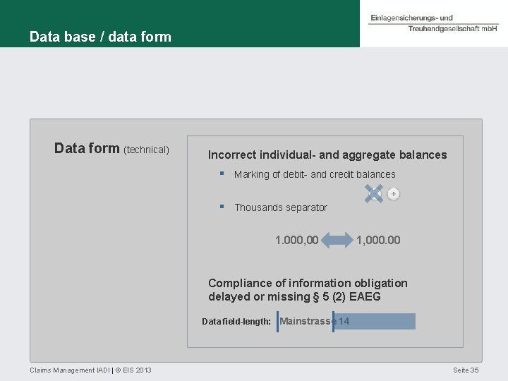 Data base / data form Data form (technical) Incorrect individual- and aggregate balances §