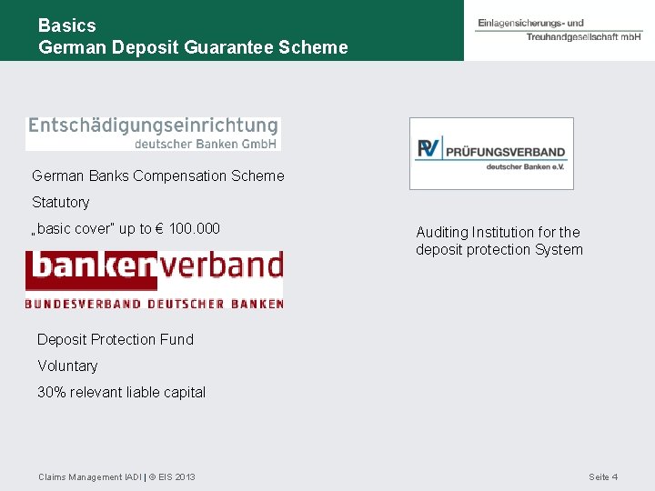 Basics German Deposit Guarantee Scheme German Banks Compensation Scheme Statutory „basic cover“ up to