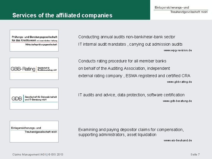 Services of the affiliated companies Conducting annual audits non-bank/near-bank sector IT internal audit mandates