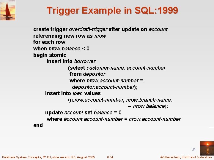 Trigger Example in SQL: 1999 create trigger overdraft-trigger after update on account referencing new