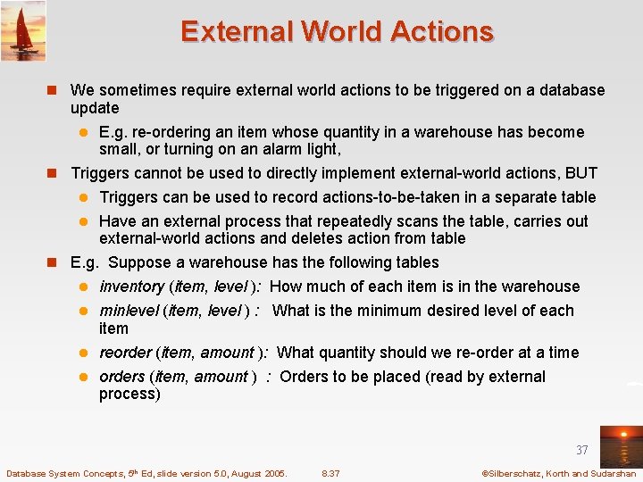 External World Actions n We sometimes require external world actions to be triggered on