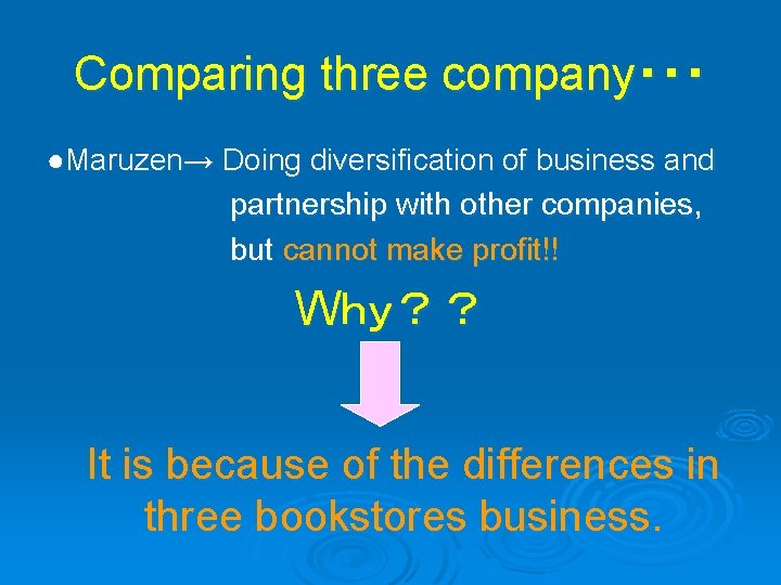 Comparing three company・・・ ●Maruzen→ Doing diversification of business and partnership with other companies, but