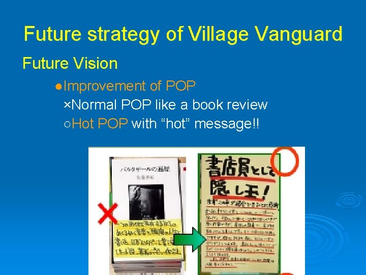 Future strategy of Village Vanguard Future Vision ●Improvement of POP ×Normal POP like a