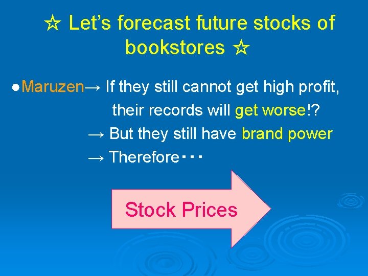 ☆ Let’s forecast future stocks of bookstores ☆ ●Maruzen→ If they still cannot get