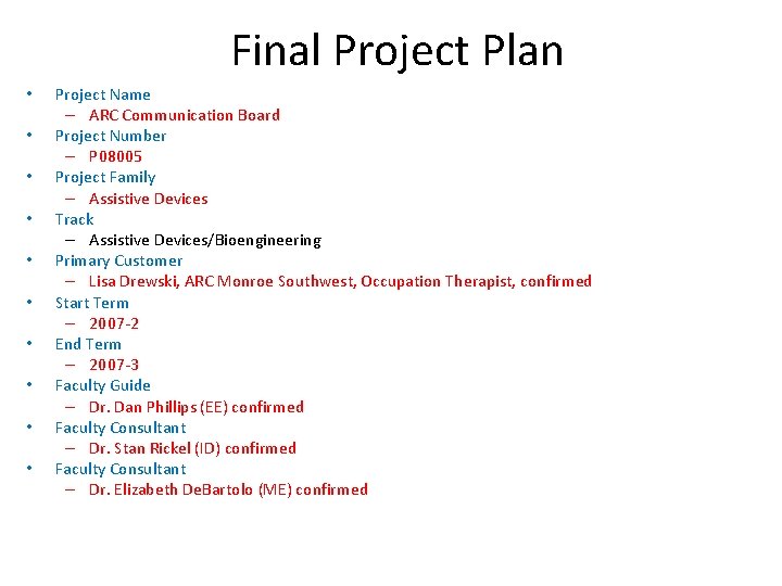Final Project Plan P 08005 ARC Communication Board