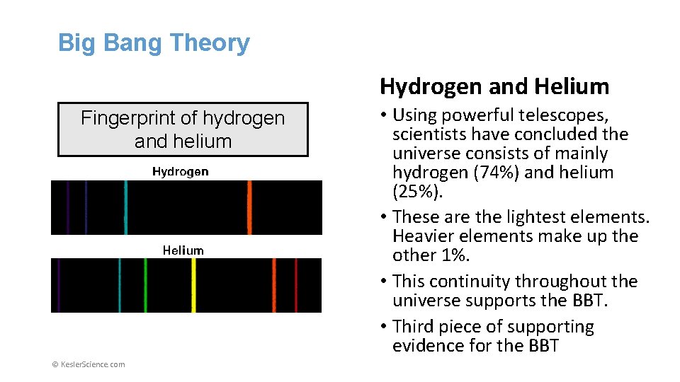 Big Bang Theory Hydrogen and Helium Fingerprint of hydrogen and helium © Kesler. Science.