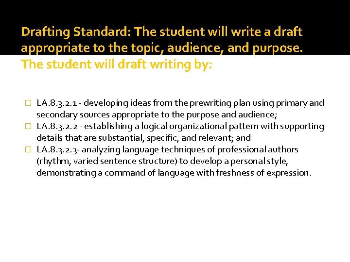 Drafting Standard: The student will write a draft appropriate to the topic, audience, and