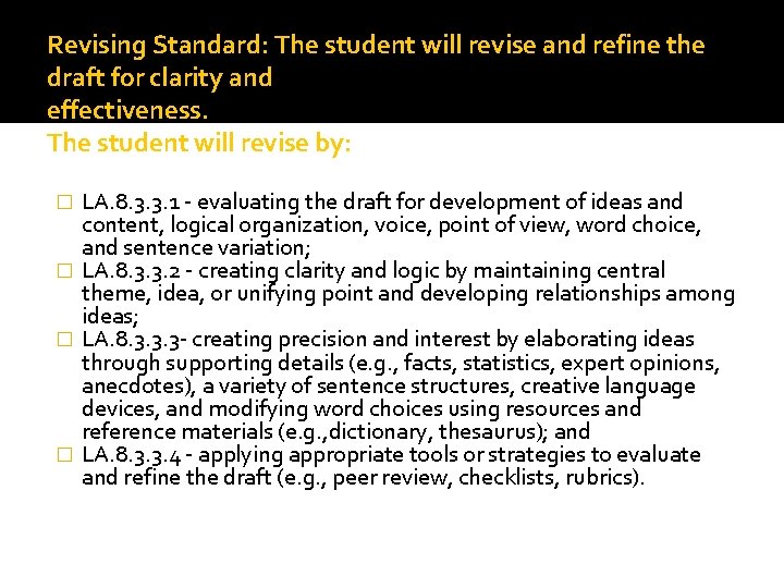Revising Standard: The student will revise and refine the draft for clarity and effectiveness.