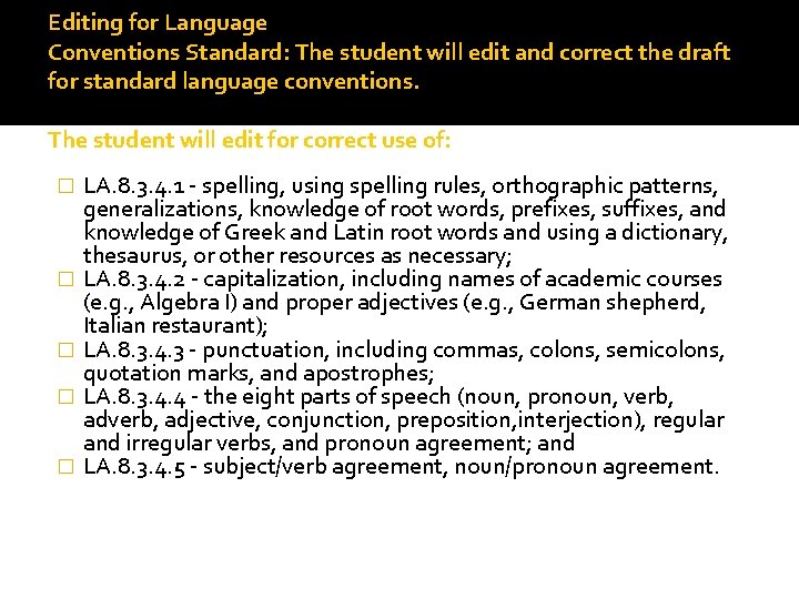 Editing for Language Conventions Standard: The student will edit and correct the draft for