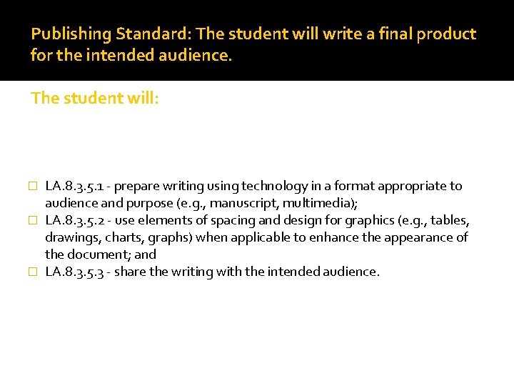 Publishing Standard: The student will write a final product for the intended audience. The
