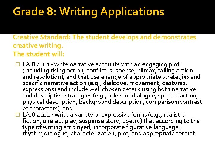 Grade 8: Writing Applications Creative Standard: The student develops and demonstrates creative writing. The