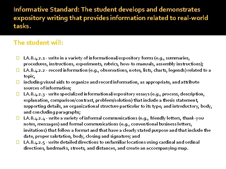 Informative Standard: The student develops and demonstrates expository writing that provides information related to
