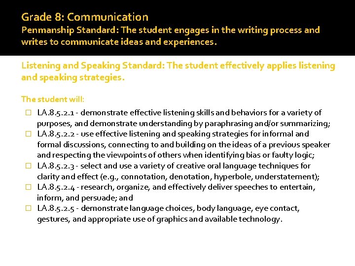 Grade 8: Communication Penmanship Standard: The student engages in the writing process and writes