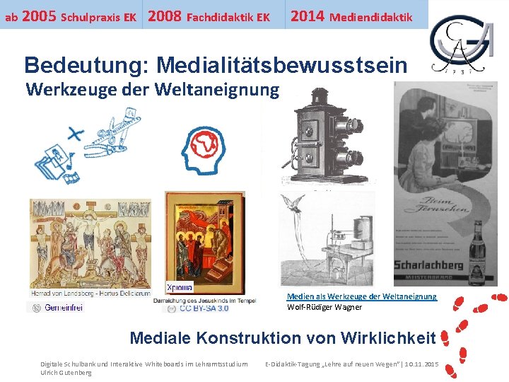 ab 2005 Schulpraxis EK 2008 Fachdidaktik EK 2014 Mediendidaktik Ihr Uni-Logo Bedeutung: Medialitätsbewusstsein Werkzeuge