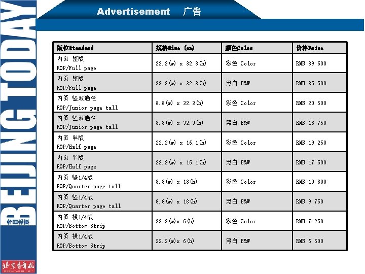 Advertisement 广告 版位Standard 规格Size (cm) 颜色Color 价格Price 内页 整版 ROP/Full page 22. 2(w) x