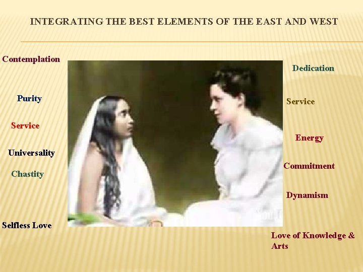 INTEGRATING THE BEST ELEMENTS OF THE EAST AND WEST Contemplation Purity Dedication Service Energy