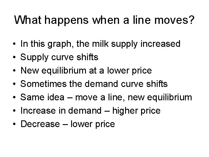 What happens when a line moves? • • In this graph, the milk supply