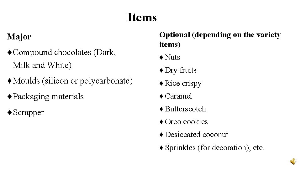 Items Major ♦ Compound chocolates (Dark, Milk and White) Optional (depending on the variety