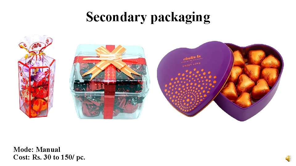 Secondary packaging Mode: Manual Cost: Rs. 30 to 150/ pc. 