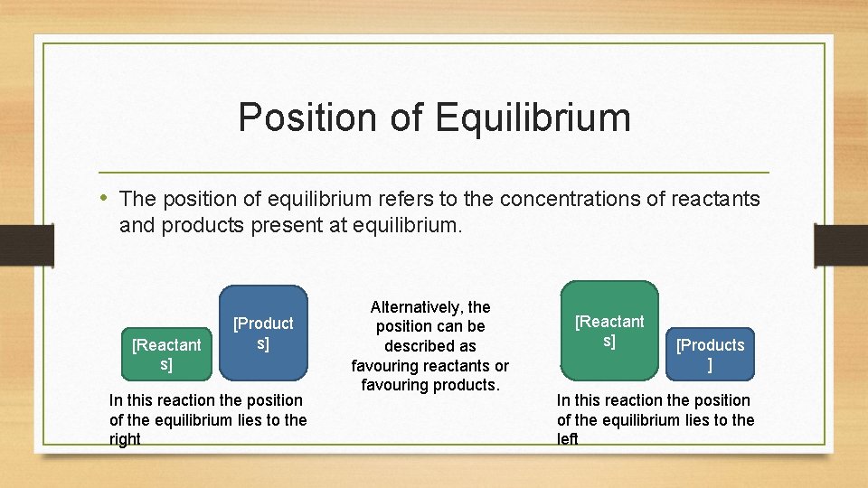 Position of Equilibrium • The position of equilibrium refers to the concentrations of reactants