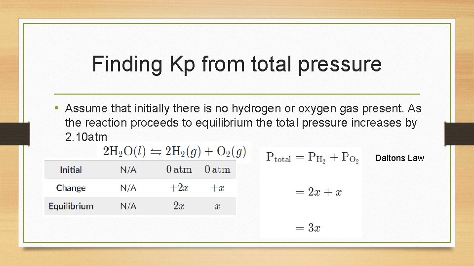 Finding Kp from total pressure • Assume that initially there is no hydrogen or